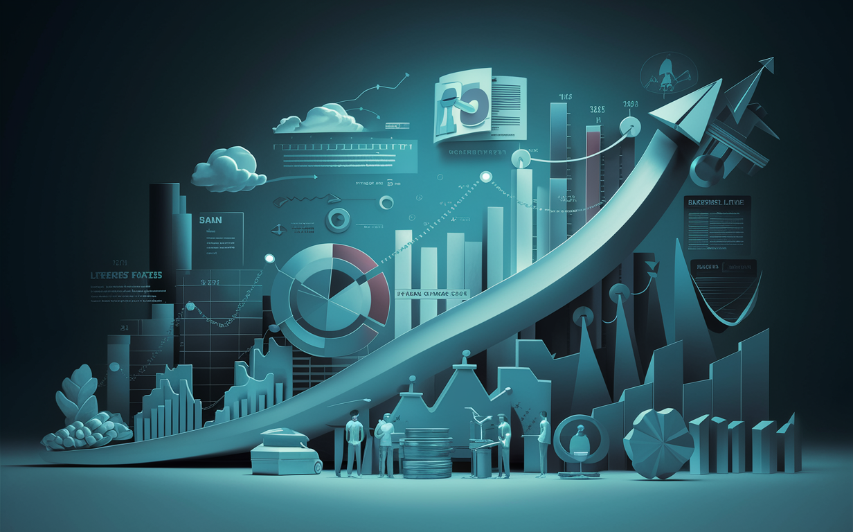 An illustration depicting business growth metrics, analytics, and financing options represented through charts, graphs, and symbolic elements.