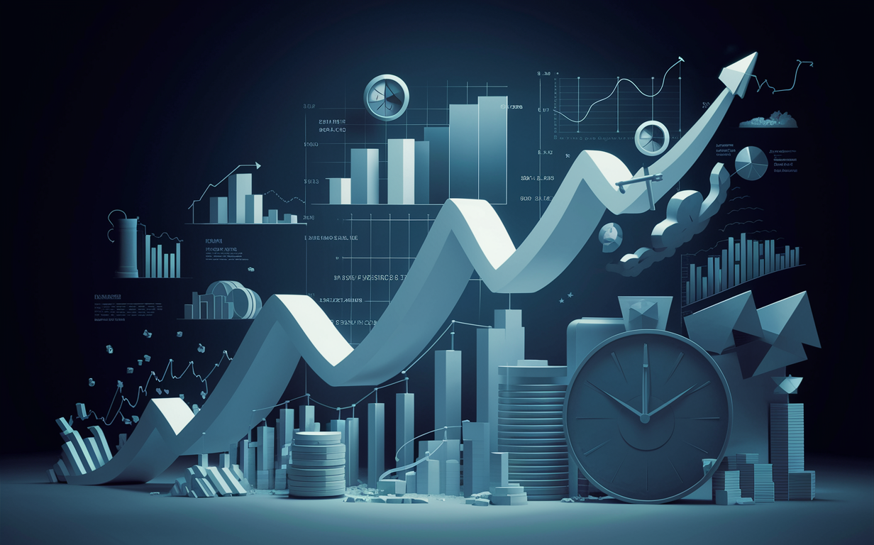 An illustration depicting various financial charts, graphs, and indicators representing business data analysis, investment trends, and economic growth.
