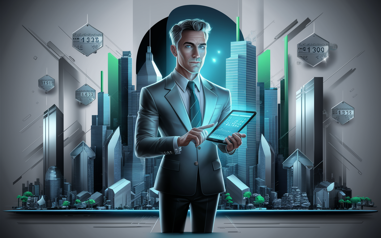 A businessman in a suit holding a digital tablet displaying financial charts and graphs, surrounded by skyscrapers and digital interfaces representing modern business and technology.
