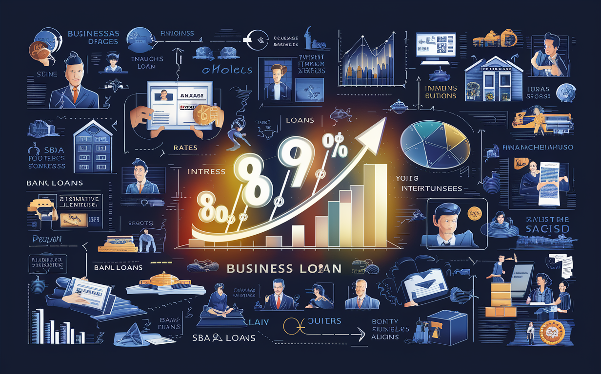 An infographic illustrating various aspects of business loans, interest rates, financing options, SBA loans, bank loans, and the overall lending ecosystem for businesses.