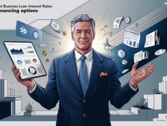 An illustration of a business professional analyzing financial data and interest rates amidst towering city skyscrapers and economic indicators.