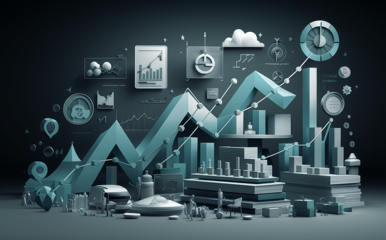 An illustration depicting business growth, analytics, and financing represented through charts, graphs, buildings, and icons related to data analysis and financial metrics.